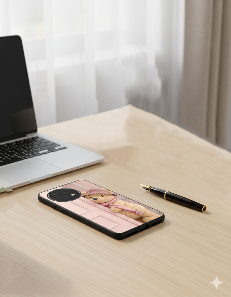 Cozy Teddy Glass Back Cover For One Plus 13, 12, 11, 10, Nord Series