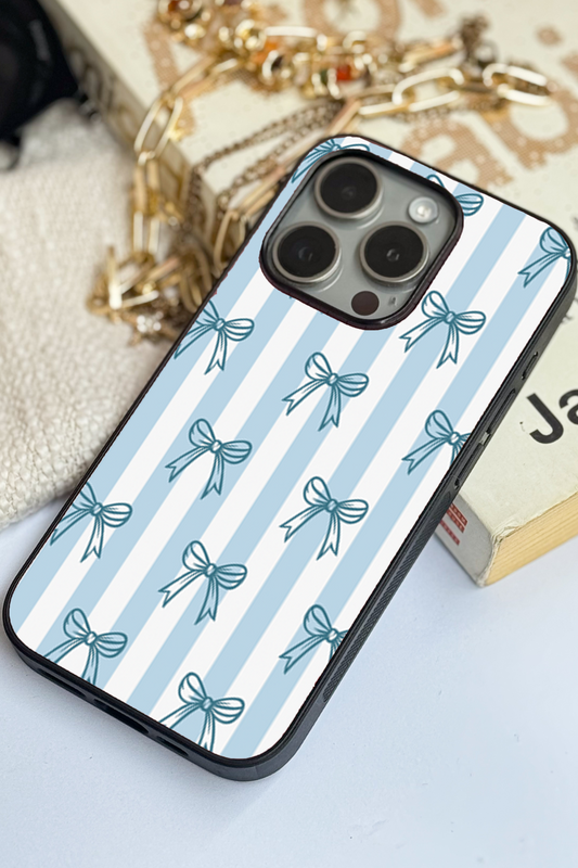Blue Bows Stripes Sketch Premium Glass Back Cover For iPhone 11,12,13,14,15,16 Models