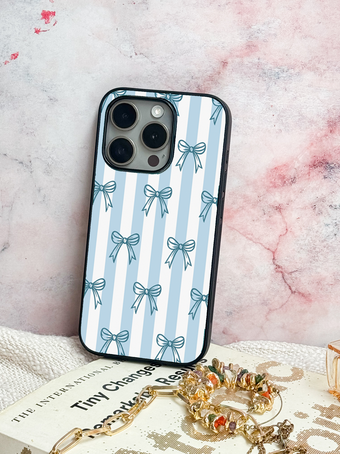 Blue Bows Stripes Sketch Premium Glass Back Cover For iPhone 11,12,13,14,15,16 Models