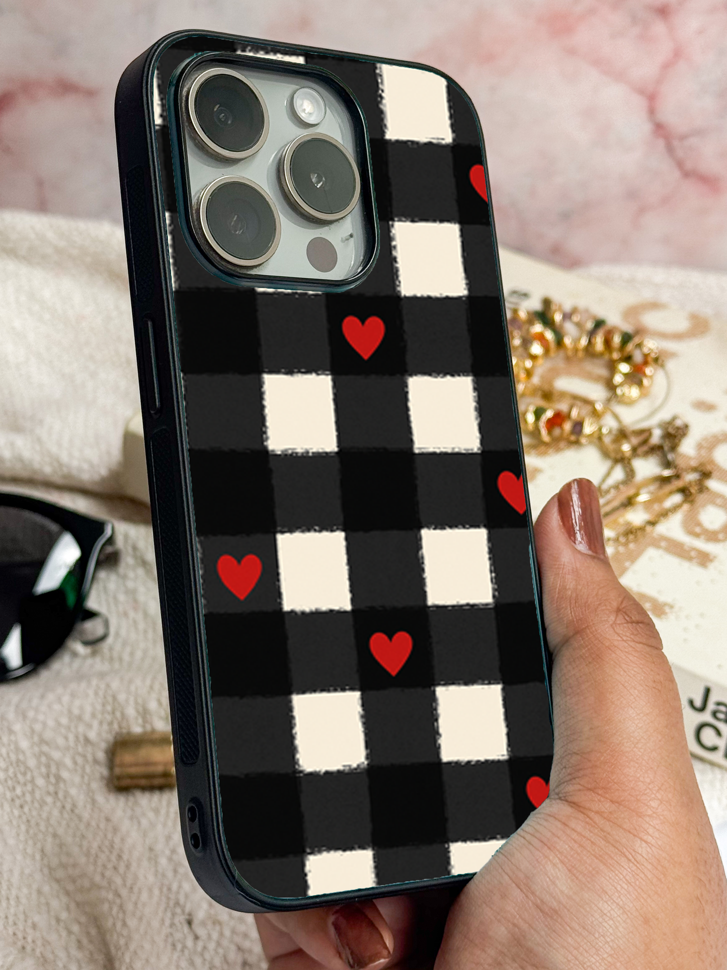 Checkered Hearts Premium Glass Back Cover For iPhone 11,12,13,14,15,16 Models