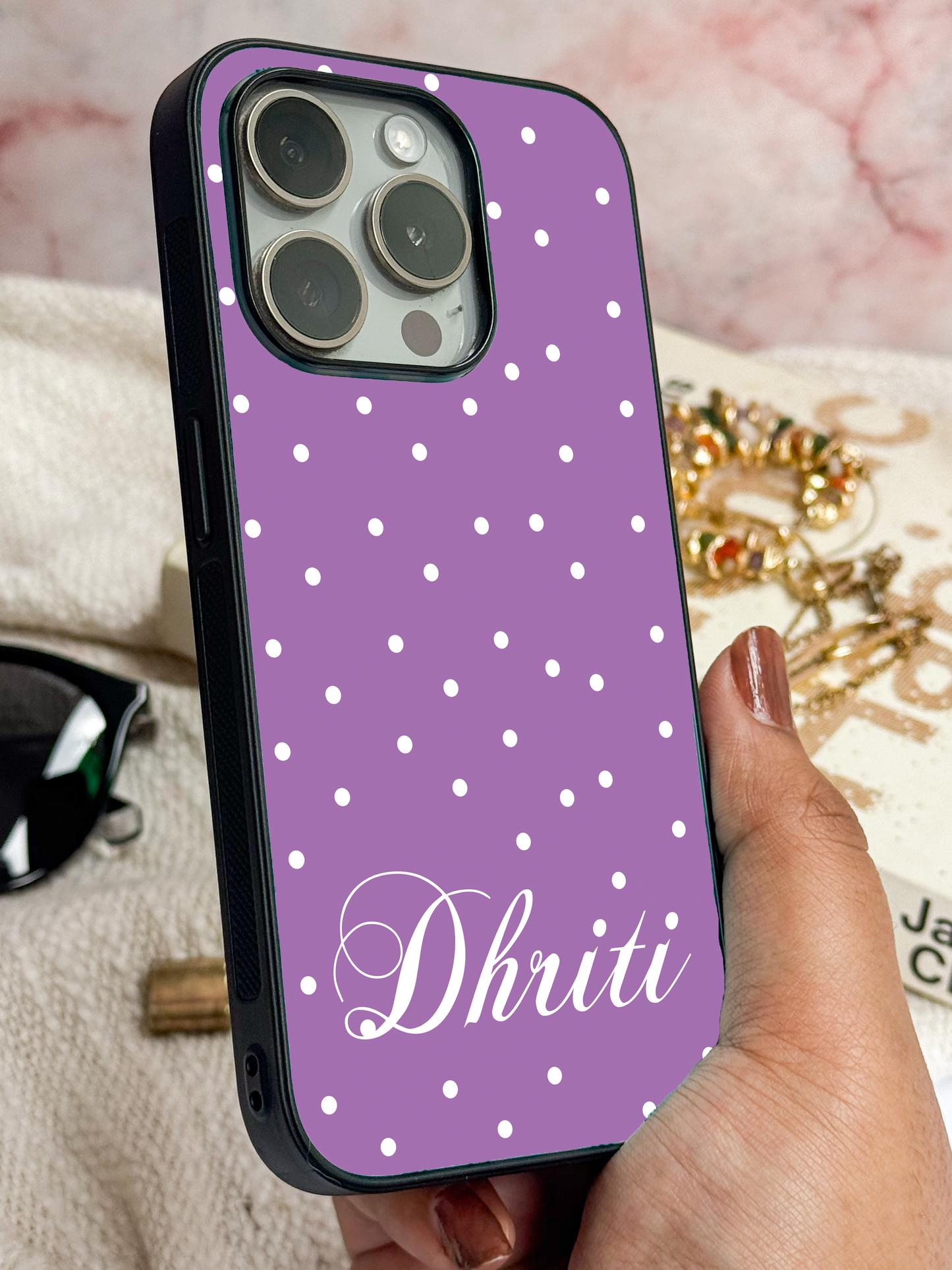 Lavender Dots Personalised Name Premium Glass Back Cover For iPhone 11,12,13,14,15,16 Models