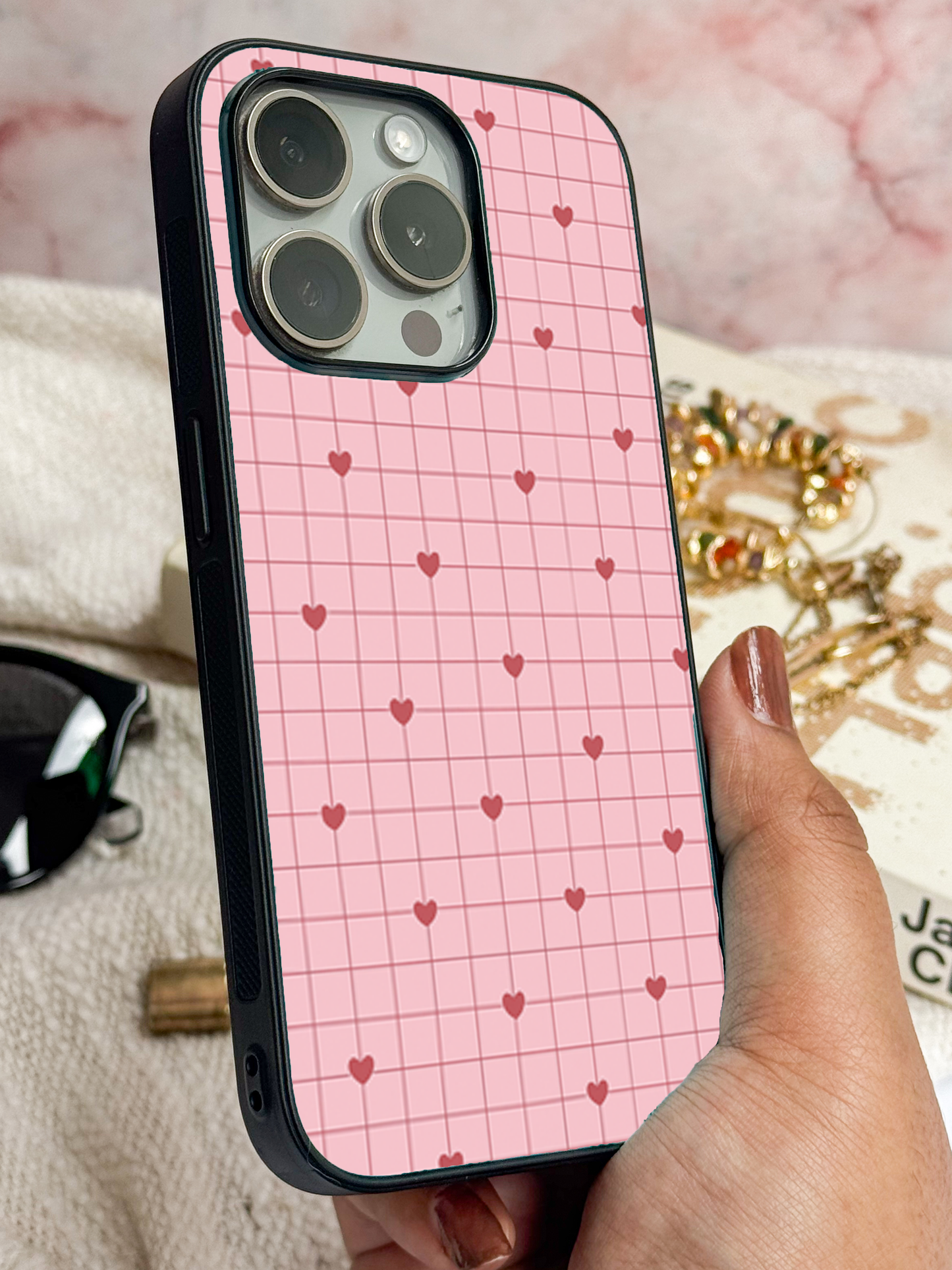 Scrap Book Hearts  Premium Glass Back Cover For iPhone 11,12,13,14,15,16 Models