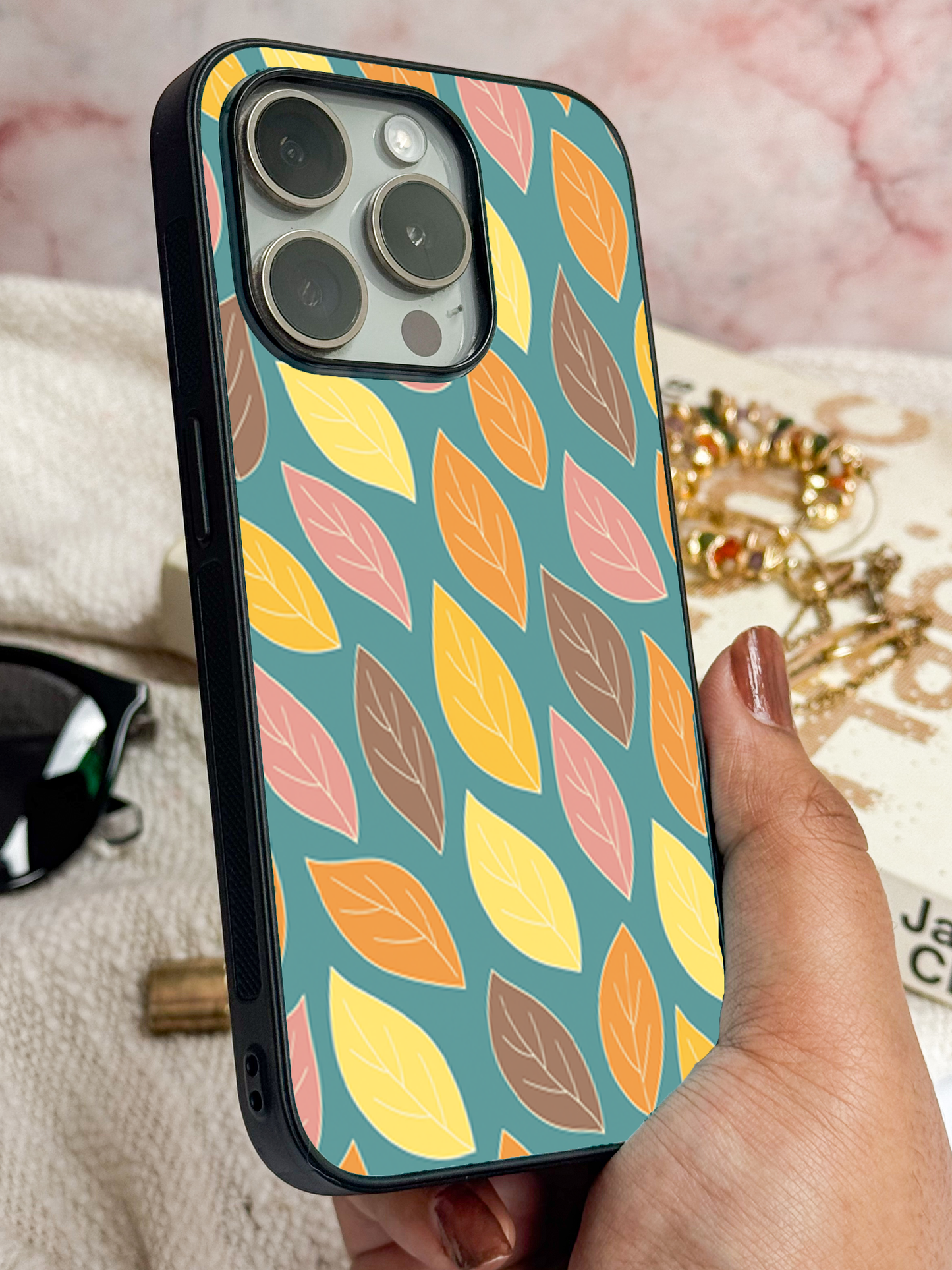 Leaf Pattern Premium Glass Back Cover For iPhone 11,12,13,14,15,16 Models