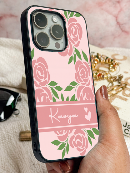 Rosette Bloom Personalised Name Premium Glass Back Cover For iPhone 11,12,13,14,15,16 Models
