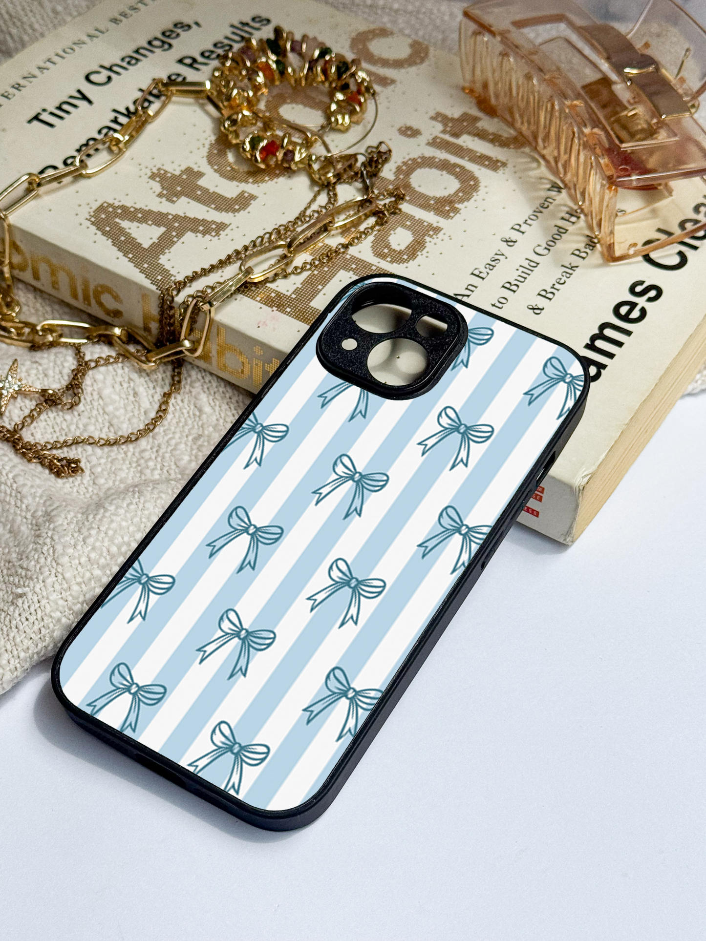 Blue Bows Stripes Sketch Premium Glass Back Cover For iPhone 11,12,13,14,15,16 Models