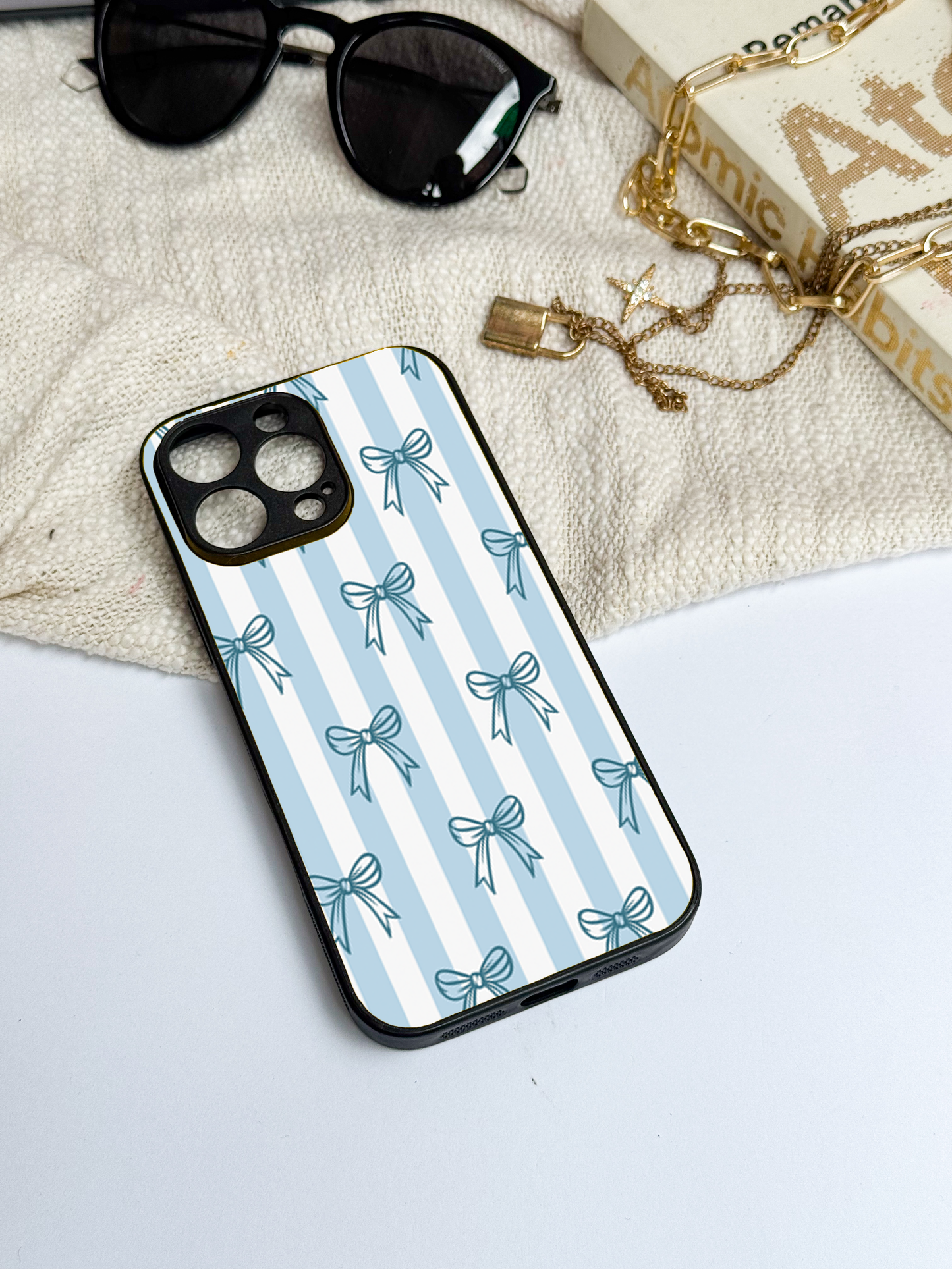 Blue Bows Stripes Sketch Premium Glass Back Cover For iPhone 11,12,13,14,15,16 Models