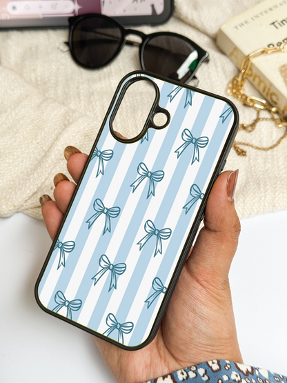 Blue Bows Stripes Sketch Premium Glass Back Cover For iPhone 11,12,13,14,15,16 Models