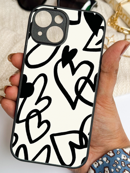 Black Heart remium Glass Back Cover For iPhone 11,12,13,14,15,16 Models