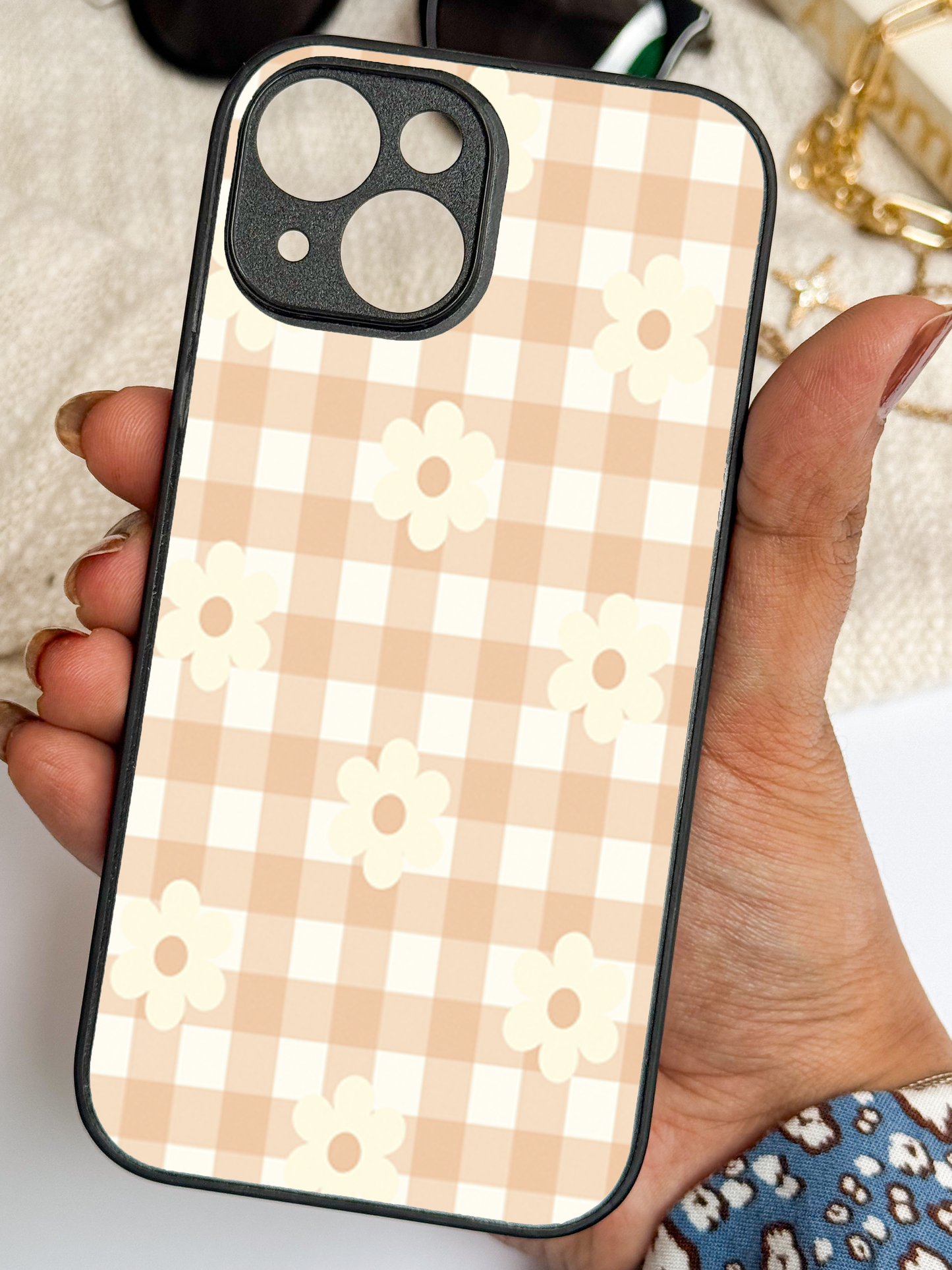 Nude Floral Checks Premium Glass Back Cover For iPhone 11,12,13,14,15,16 Models