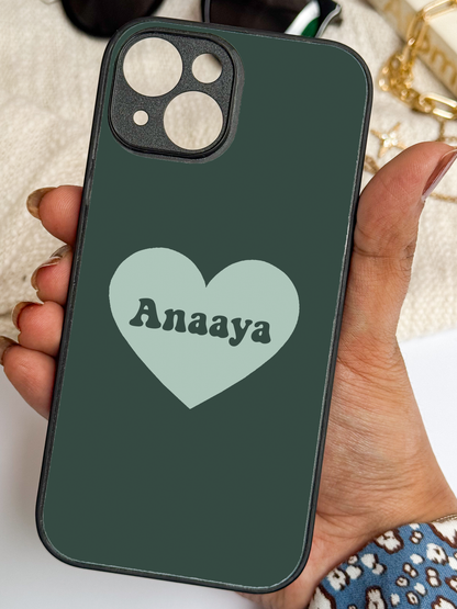Mint Heart Personalised Name Premium Glass Back Cover For iPhone 11,12,13,14,15,16 Models