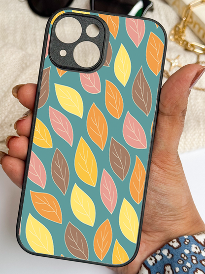 Leaf Pattern Premium Glass Back Cover For iPhone 11,12,13,14,15,16 Models