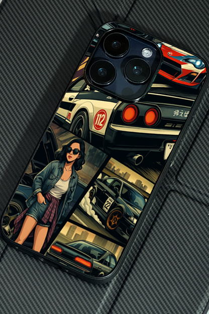 Drag Cars Premium Glass Back Cover For iPhone 11,12,13,14,15,16 Models