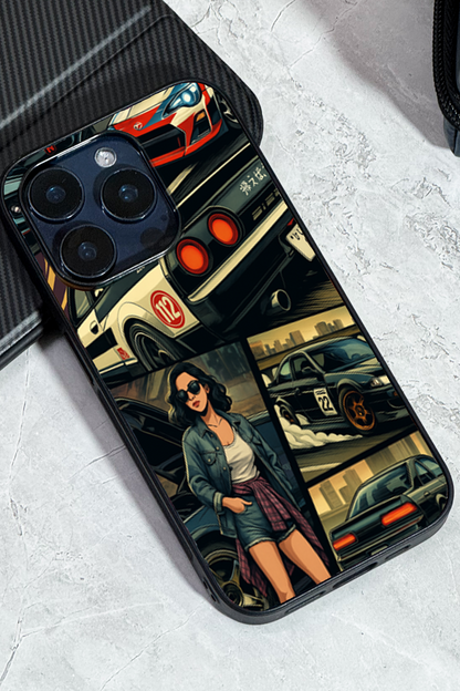 Drag Cars Premium Glass Back Cover For iPhone 11,12,13,14,15,16 Models