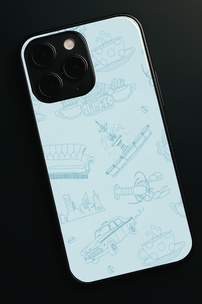 Central Perk Sketch Premium Glass Back Cover For iPhone 11,12,13,14,15,16 Models