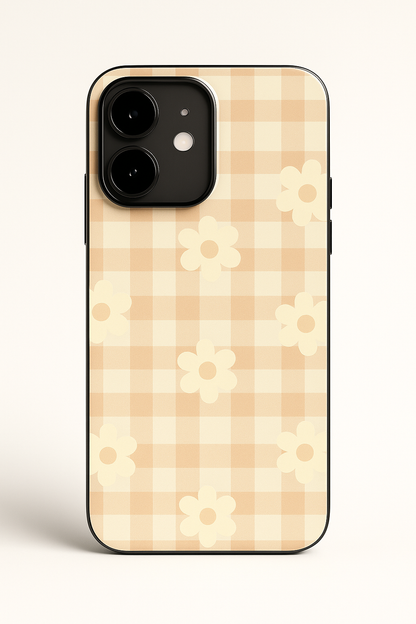 Nude Floral Checks Premium Glass Back Cover For iPhone 11,12,13,14,15,16 Models