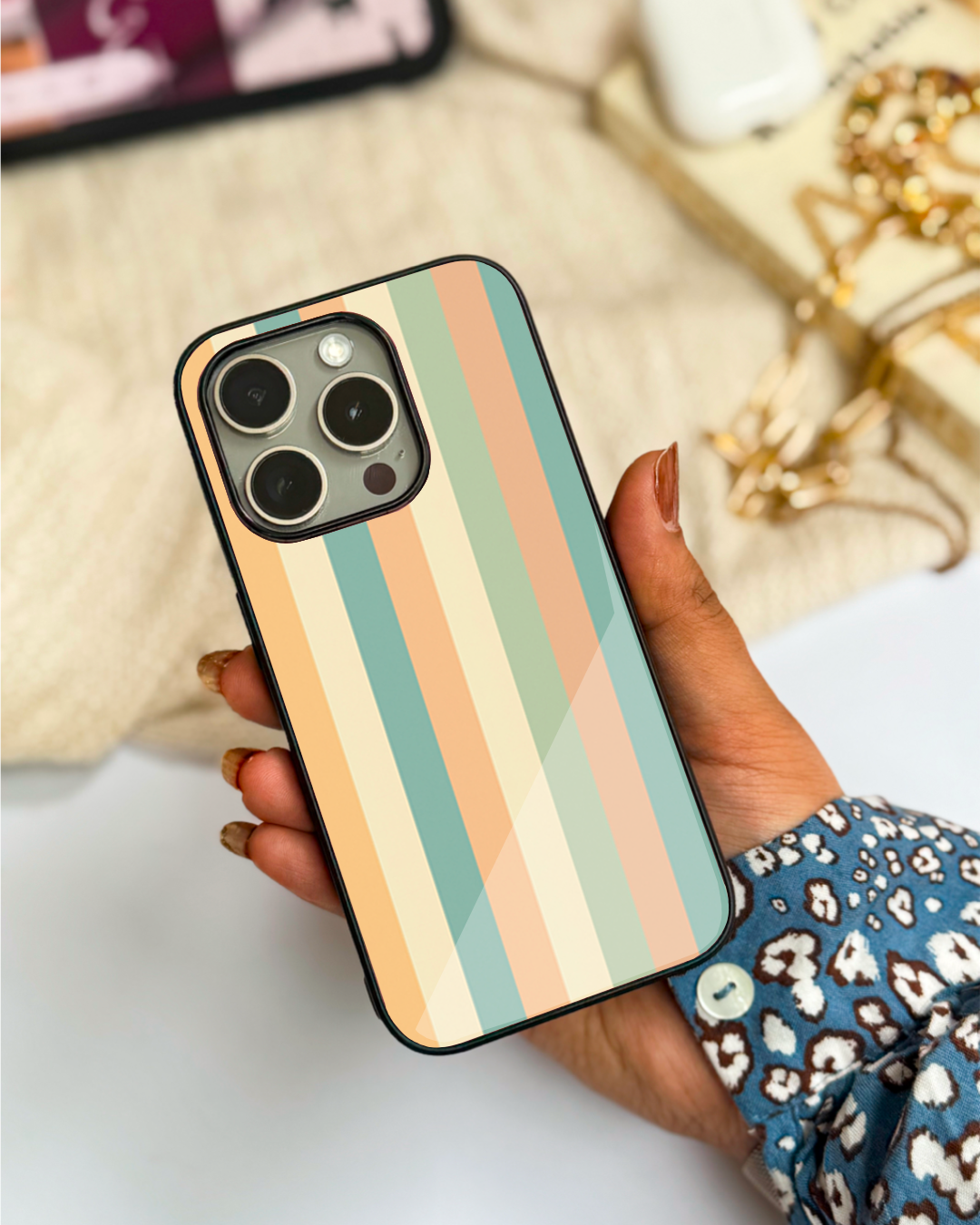 Abstract strips Premium Glass Back Cover For iPhone 11,12,13,14,15,16 Models