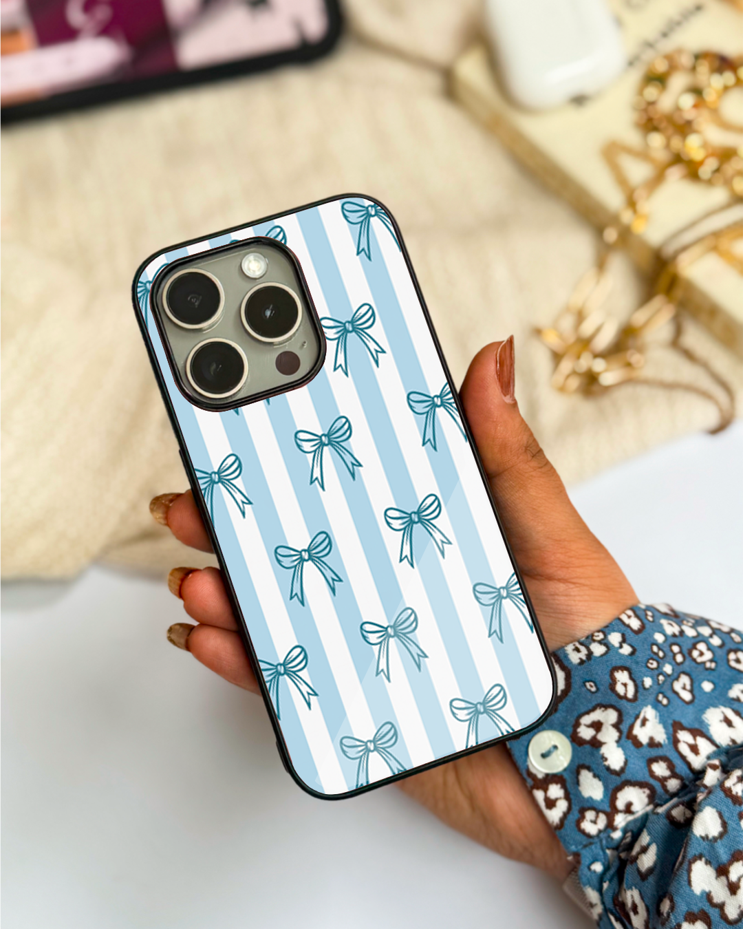 Blue Bows Stripes Sketch Premium Glass Back Cover For iPhone 11,12,13,14,15,16 Models