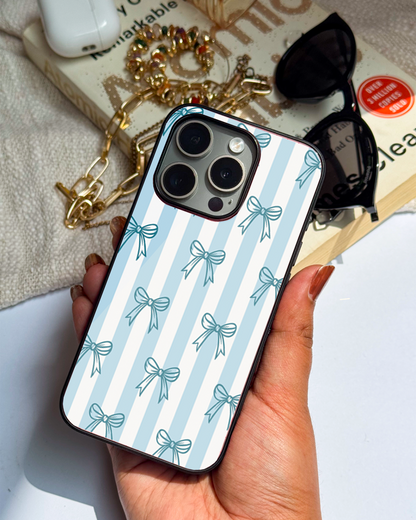 Blue Bows Stripes Sketch Premium Glass Back Cover For iPhone 11,12,13,14,15,16 Models