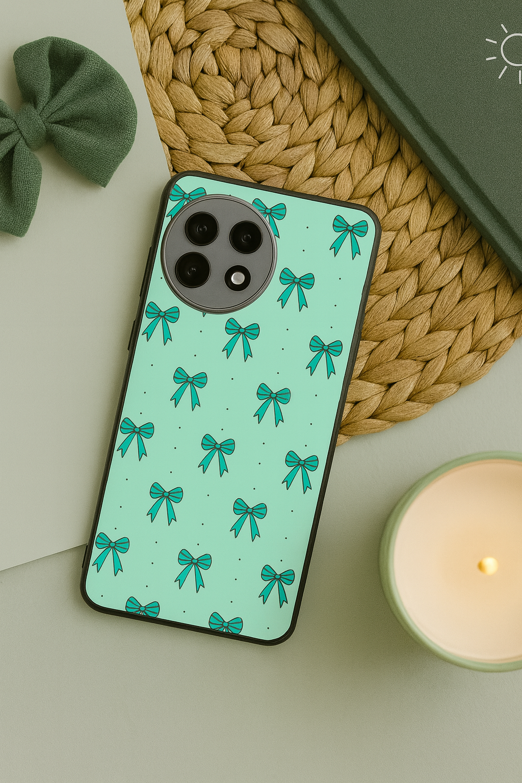 Aesthetic Green Bows Premium Glass Back Cover For One Plus 13, 12, 11, 10, Nord Series The Case & Co