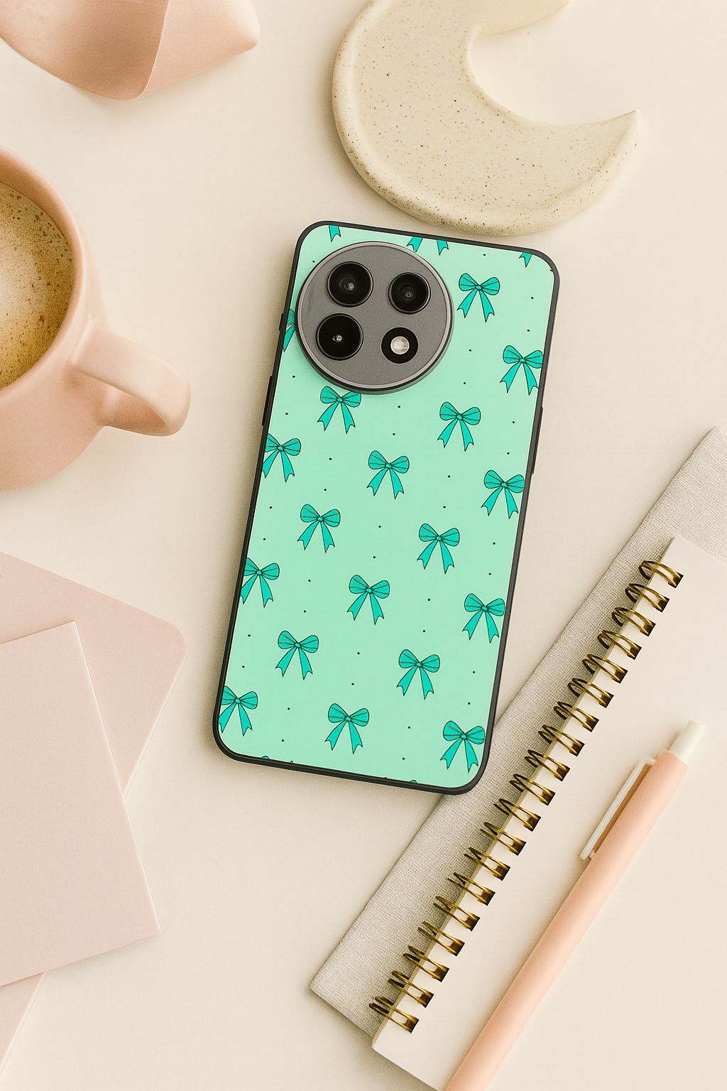 Aesthetic Green Bows Premium Glass Back Cover For One Plus 13, 12, 11, 10, Nord Series The Case & Co