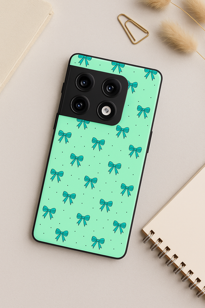 Aesthetic Green Bows Premium Glass Back Cover For One Plus 13, 12, 11, 10, Nord Series The Case & Co