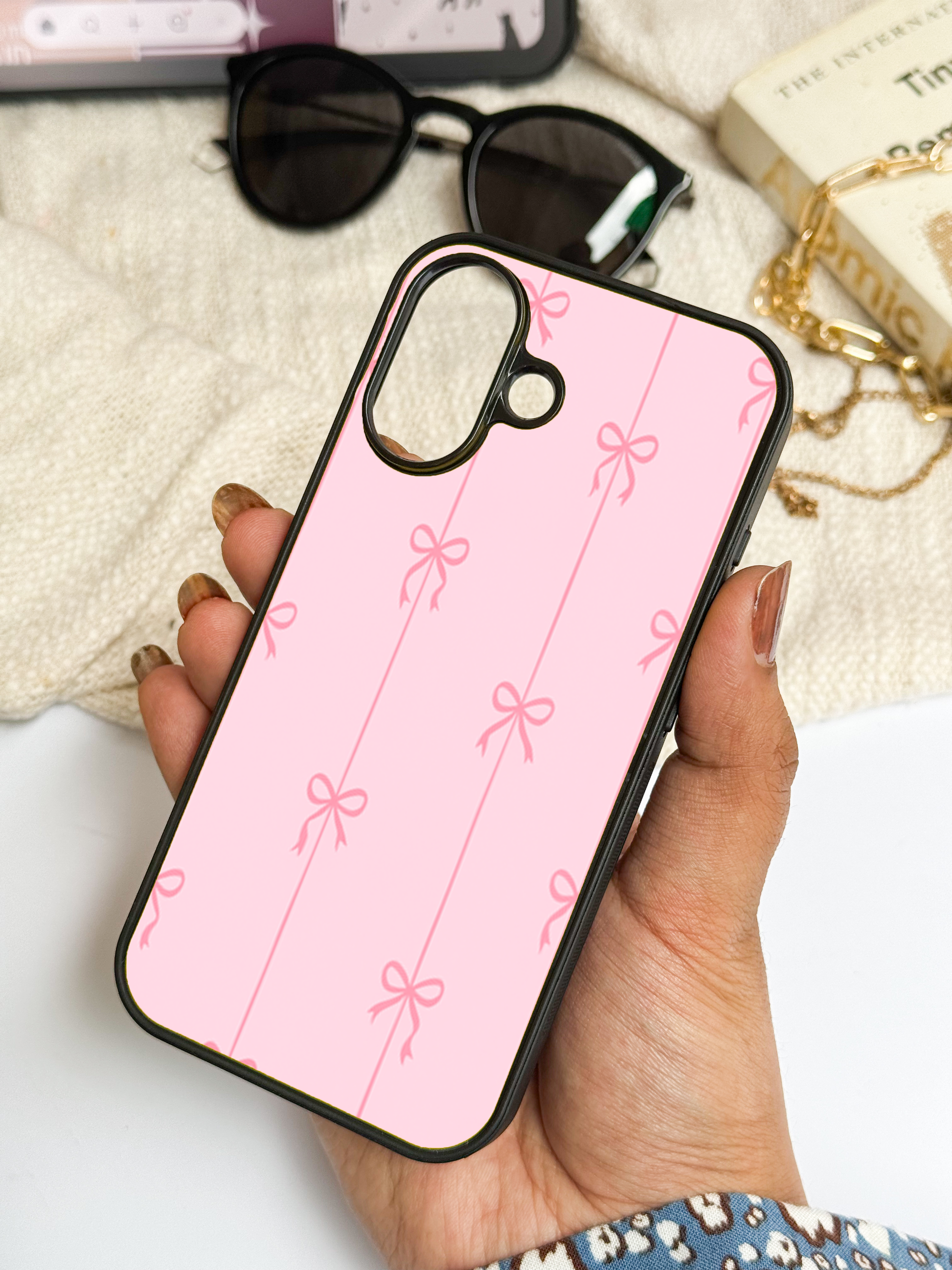 Bows Stripes Premium Glass Back Cover For iPhone 11,12,13,14,15,16,17 Models The Case & Co