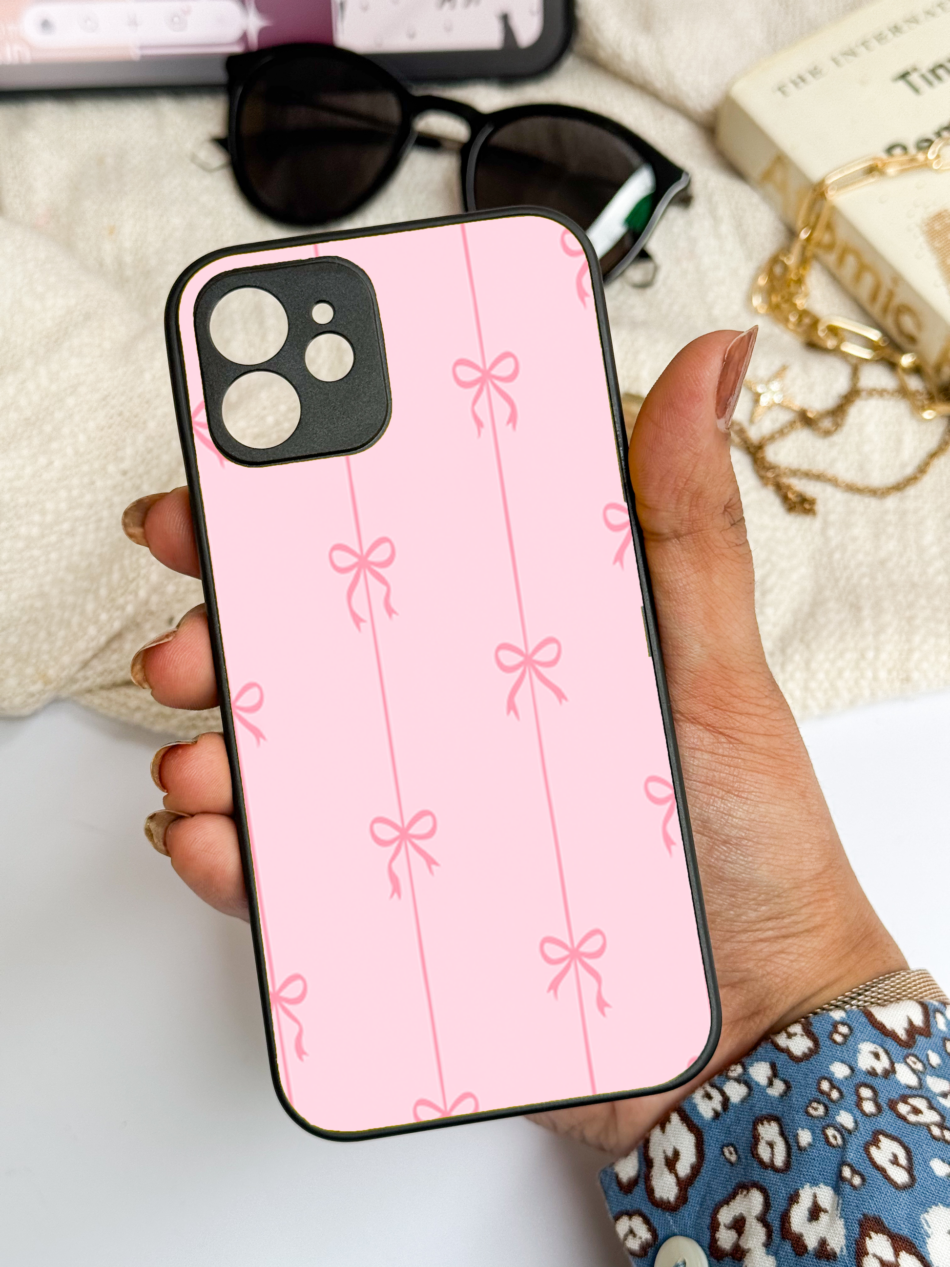 Bows Stripes Premium Glass Back Cover For iPhone 11,12,13,14,15,16,17 Models The Case & Co