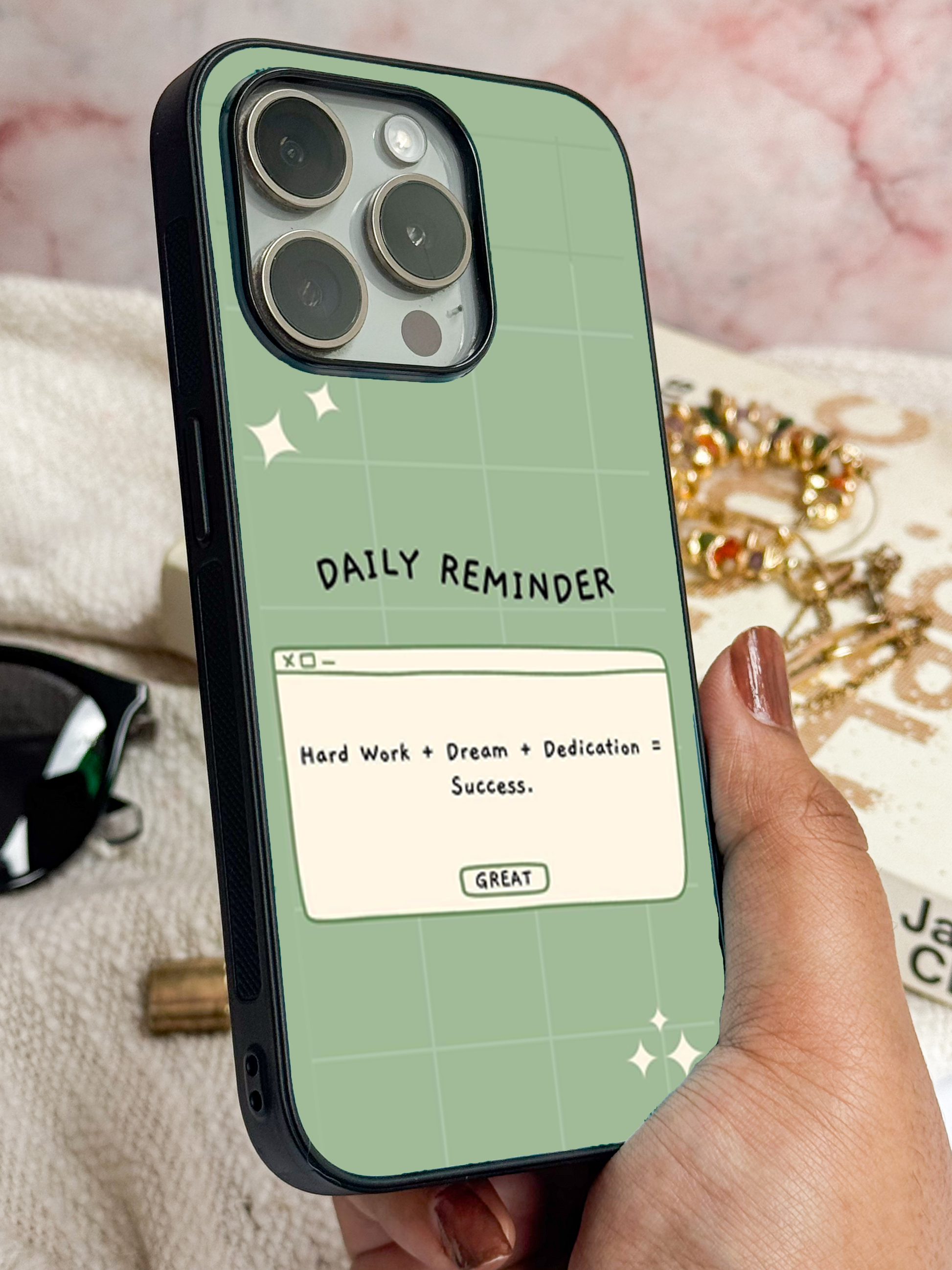 Daily Reminder-Sage Green Premium Glass Back Cover For iPhone 11,12,13,14,15,16,17 Models The Case & Co