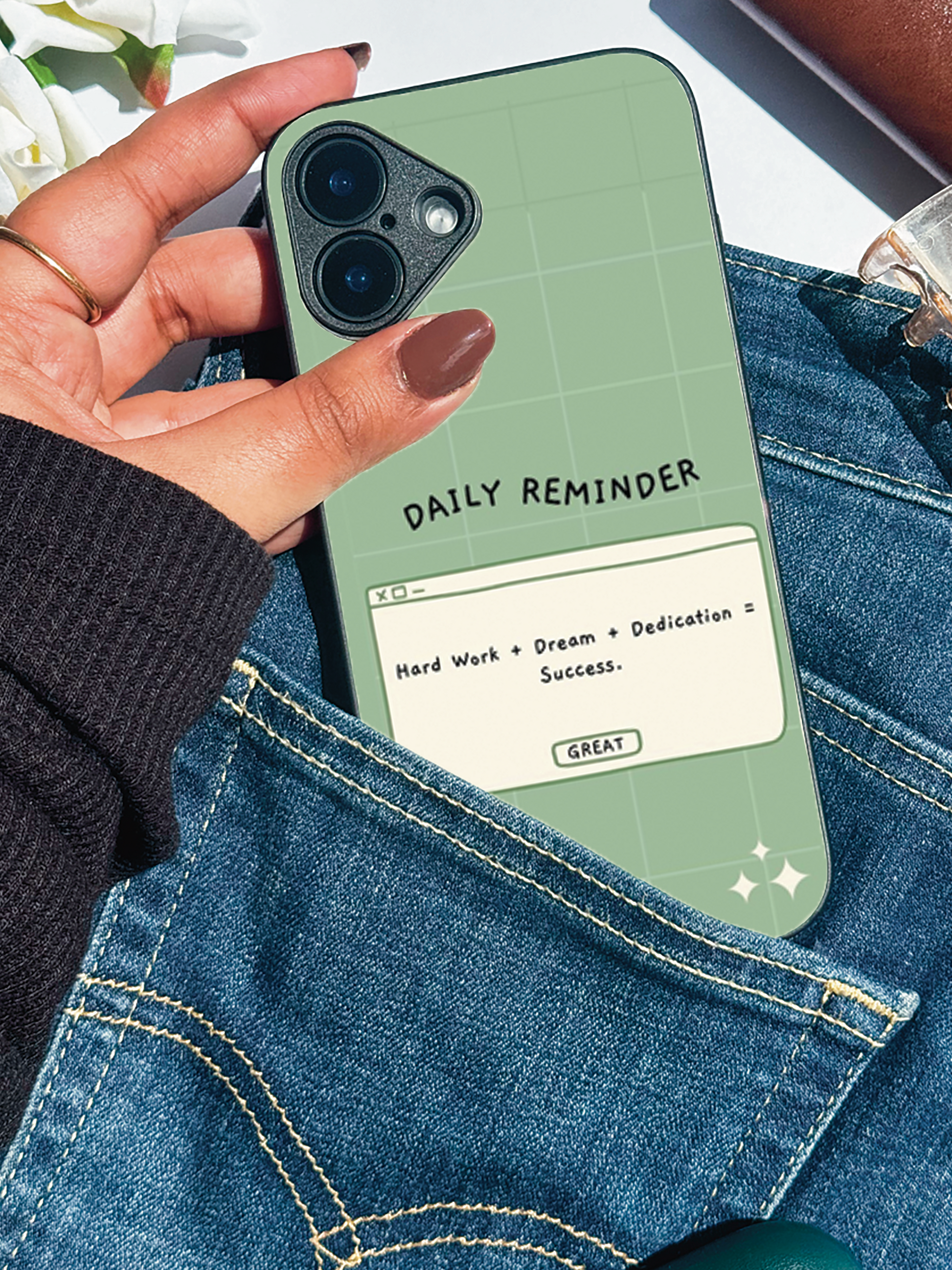 Daily Reminder-Sage Green Premium Glass Back Cover For iPhone 11,12,13,14,15,16,17 Models The Case & Co