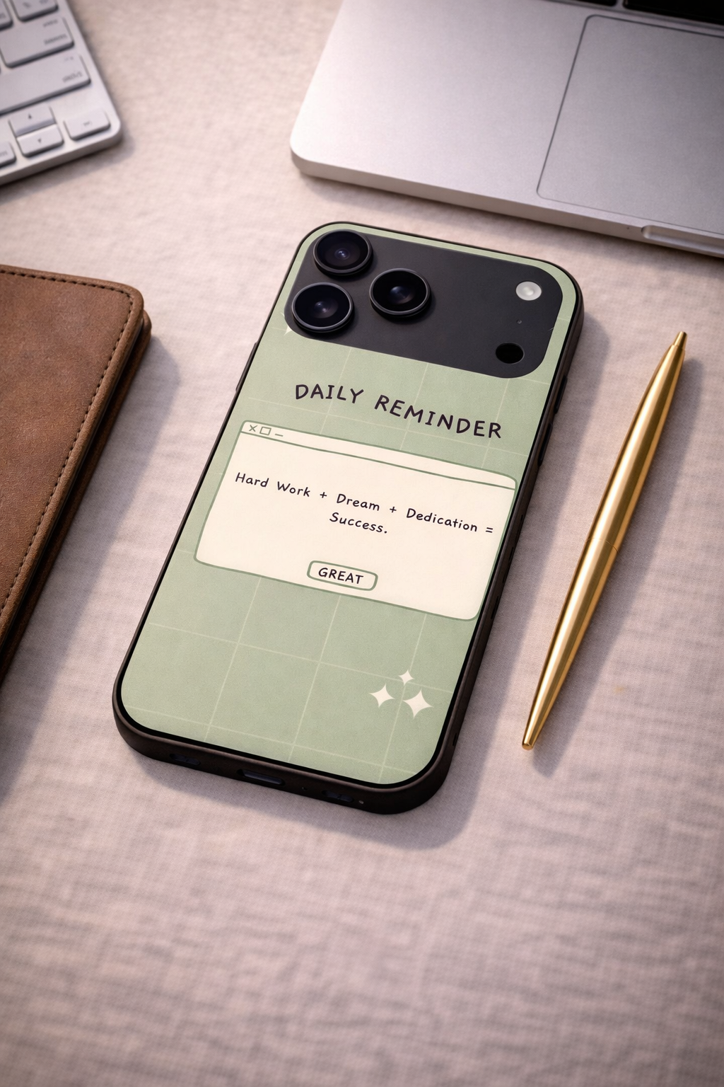 Daily Reminder-Sage Green Premium Glass Back Cover For iPhone 11,12,13,14,15,16,17 Models The Case & Co