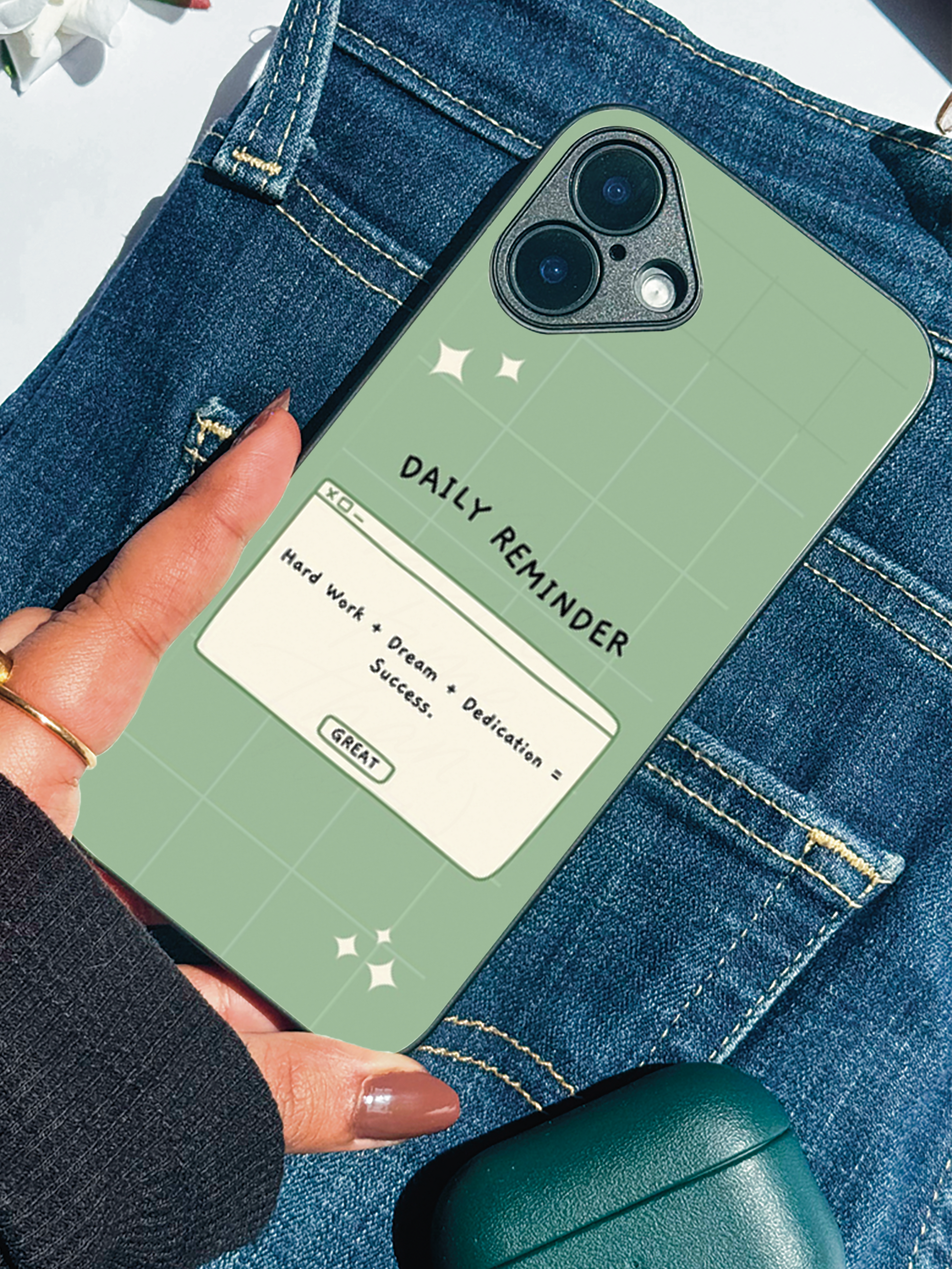 Daily Reminder-Sage Green Premium Glass Back Cover For iPhone 11,12,13,14,15,16,17 Models The Case & Co