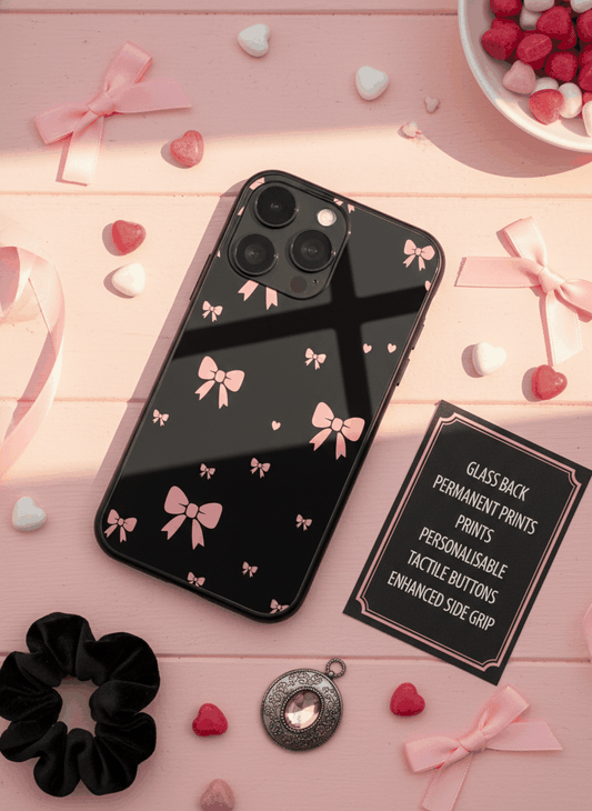 Dark Aesthetic Bows Premium Glass Back Cover For iPhone 11,12,13,14,15,16.17 Models The Case & Co