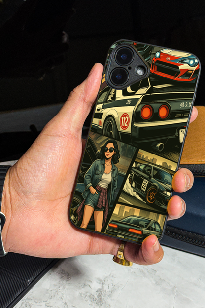 Drag Cars Premium Glass Back Cover For iPhone 11,12,13,14,15,16,17 Models The Case & Co