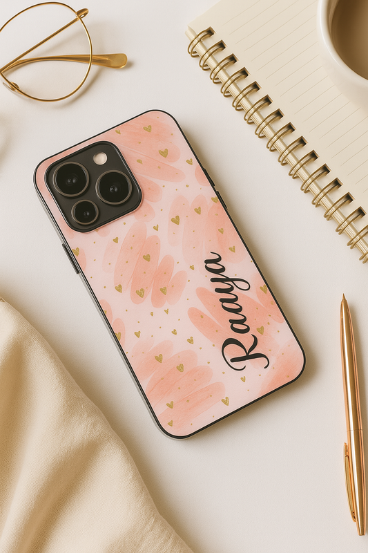 Golden Hearts Personalised Name Premium Glass Back Cover For iPhone 11,12,13,14,15,16,17 Models The Case & Co