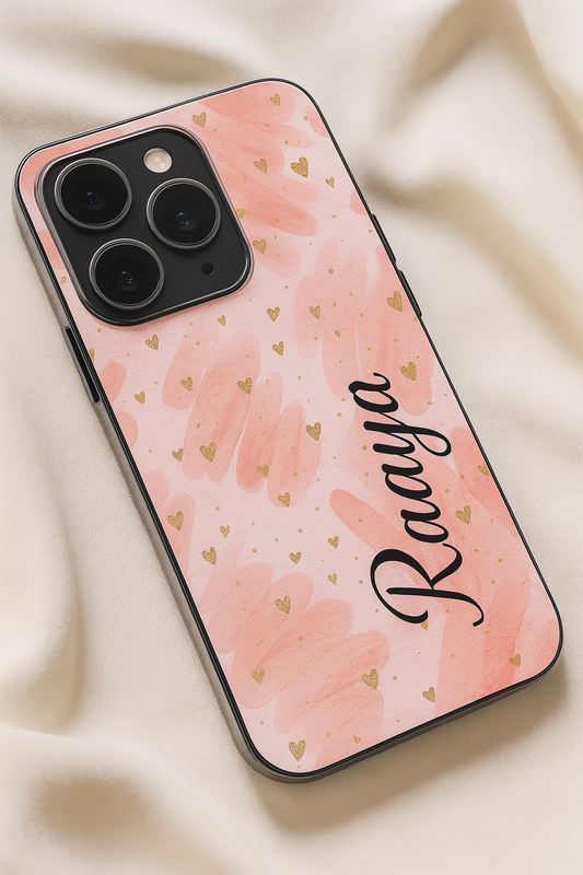 Golden Hearts Personalised Name Premium Glass Back Cover For iPhone 11,12,13,14,15,16,17 Models The Case & Co