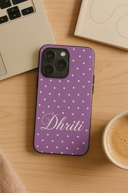 Lavender Dots Personalised Name Premium Glass Back Cover For iPhone 11,12,13,14,15,16,17 Models The Case & Co