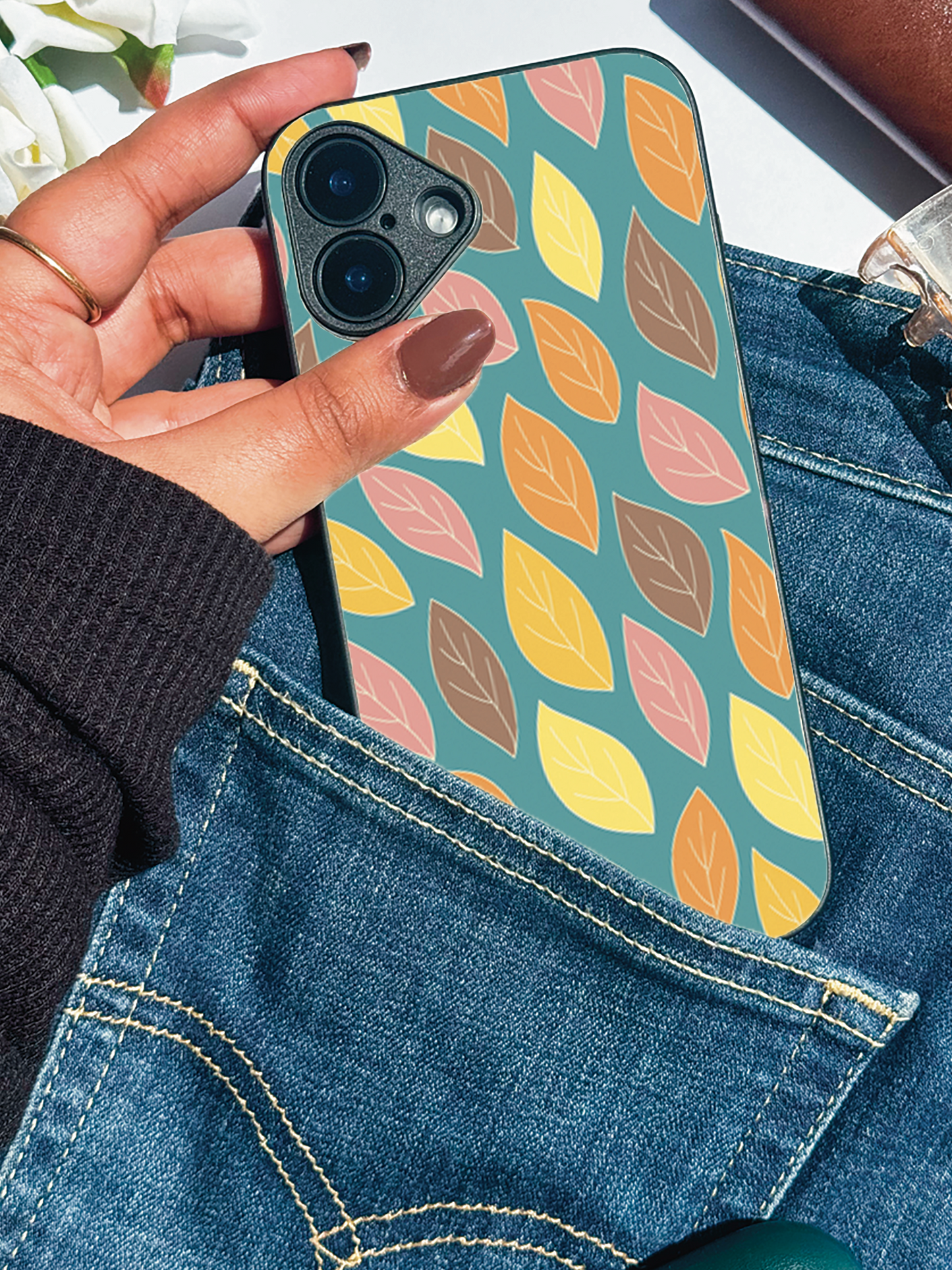 Leaf Pattern Premium Glass Back Cover For iPhone 11,12,13,14,15,16,17 Models The Case & Co