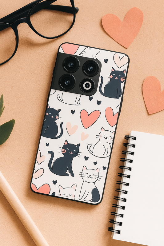 Meowgical Hearts Glass Back Cover For One Plus 13, 12, 11, 10, Nord Series The Case & Co