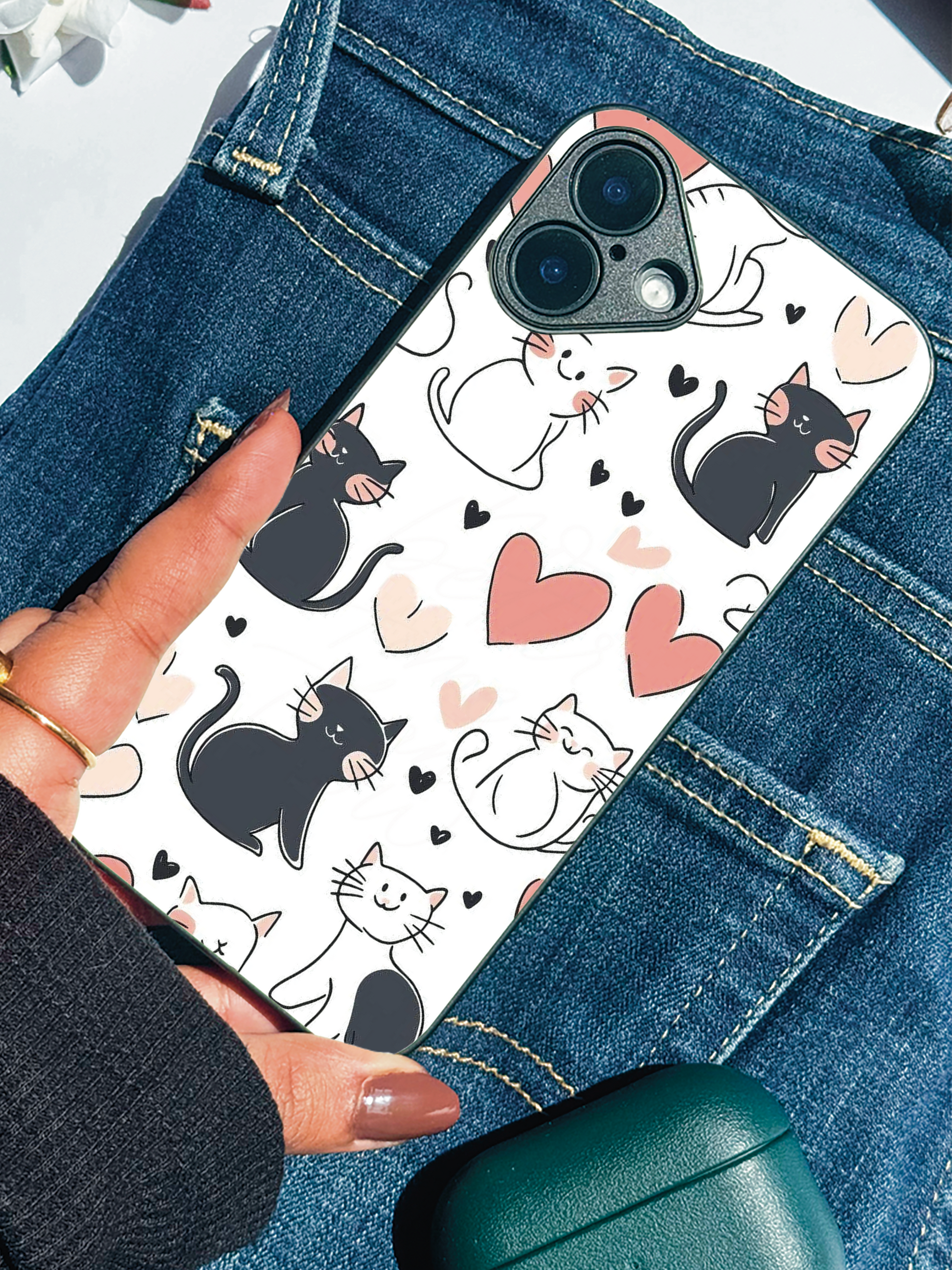 Meowgical Hearts Premium Glass Back Cover For iPhone 11,12,13,14,15,16,17 Models The Case & Co