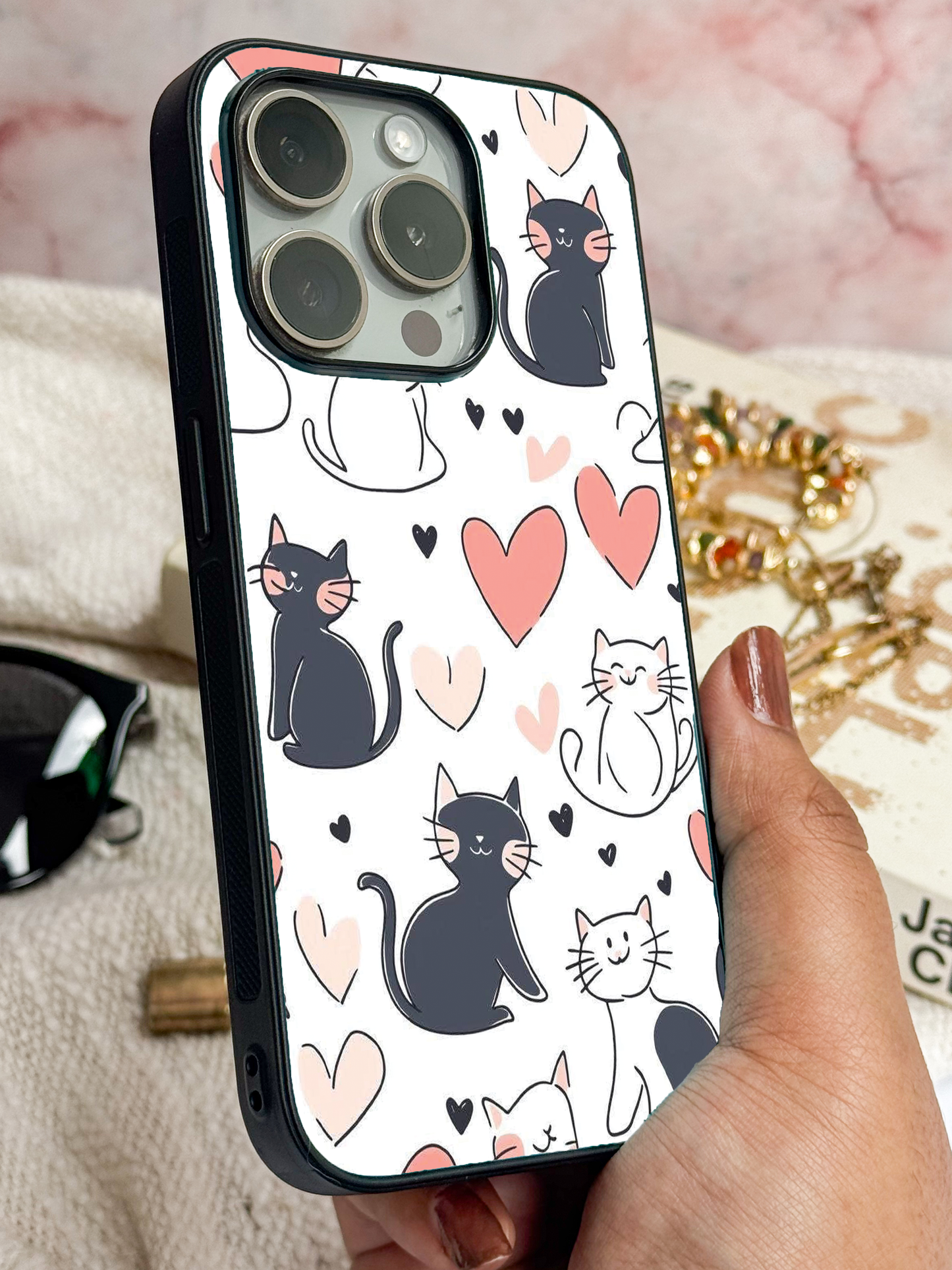 Meowgical Hearts Premium Glass Back Cover For iPhone 11,12,13,14,15,16,17 Models The Case & Co