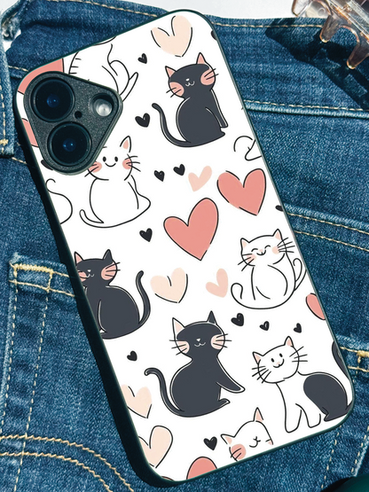 Meowgical Hearts Premium Glass Back Cover For iPhone 11,12,13,14,15,16,17 Models The Case & Co