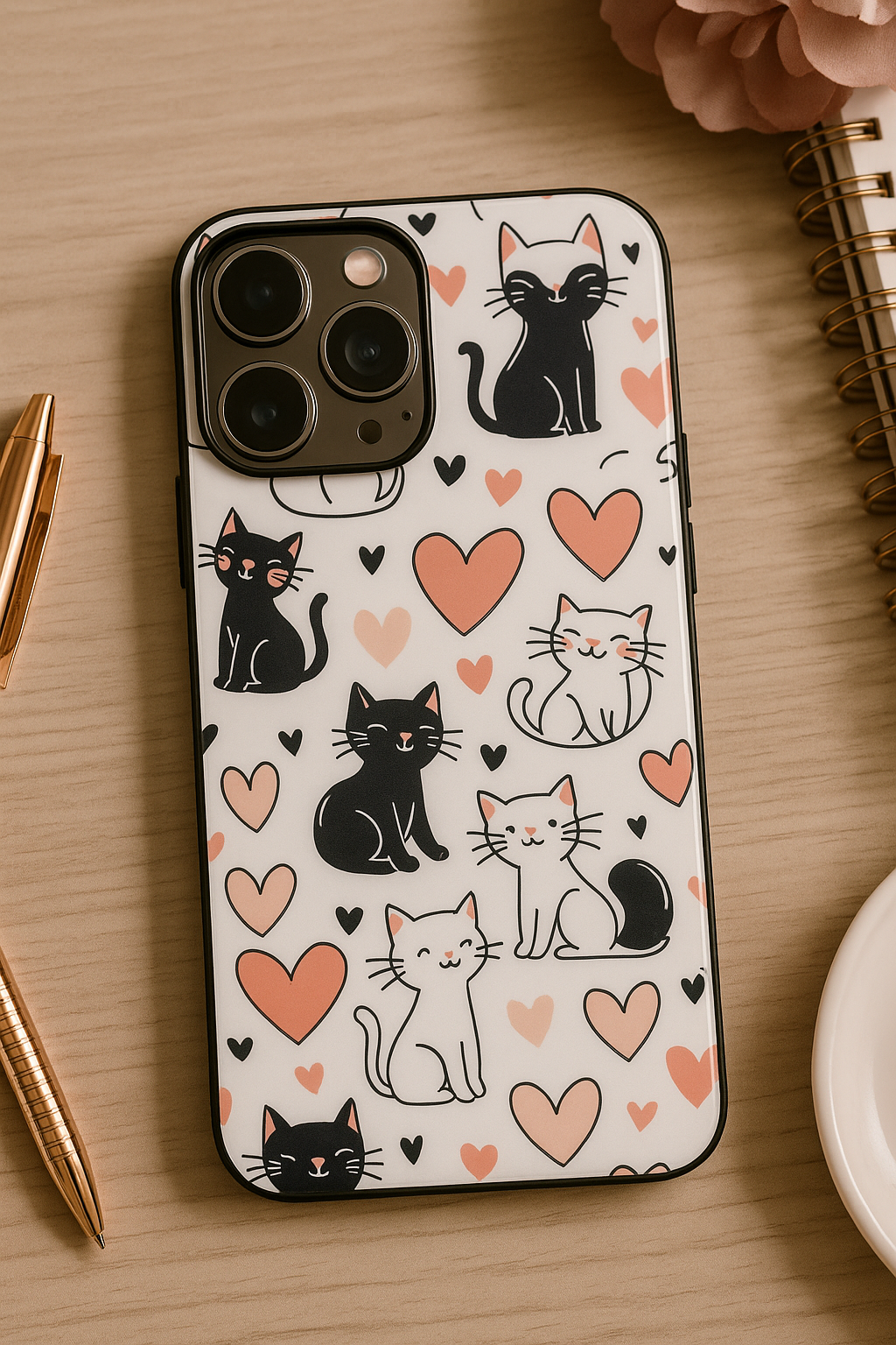 Meowgical Hearts Premium Glass Back Cover For iPhone 11,12,13,14,15,16,17 Models The Case & Co