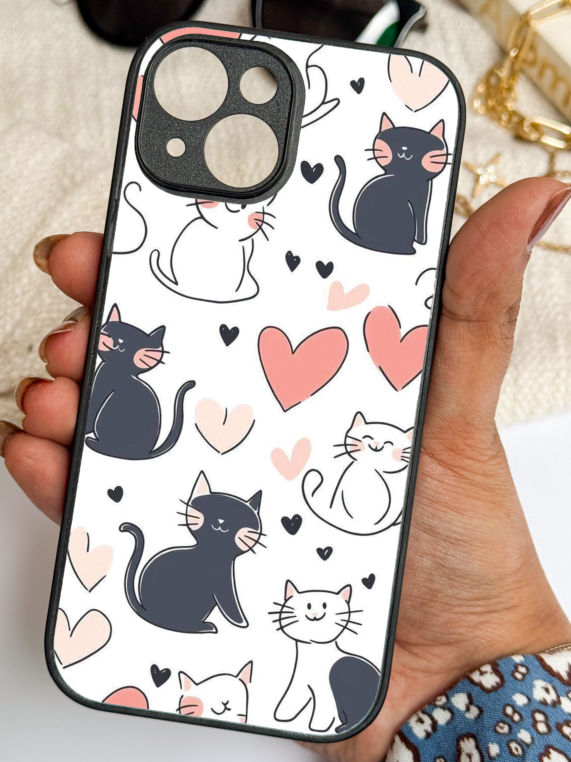 Meowgical Hearts Premium Glass Back Cover For iPhone 11,12,13,14,15,16,17 Models The Case & Co