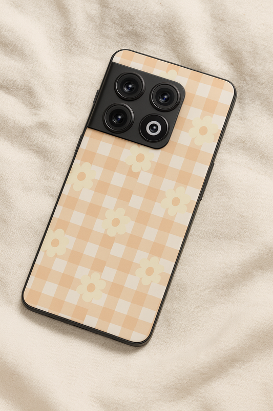 Nude Floral Checks Glass Back Cover For One Plus 13, 12, 11, 10, Nord Series The Case & Co