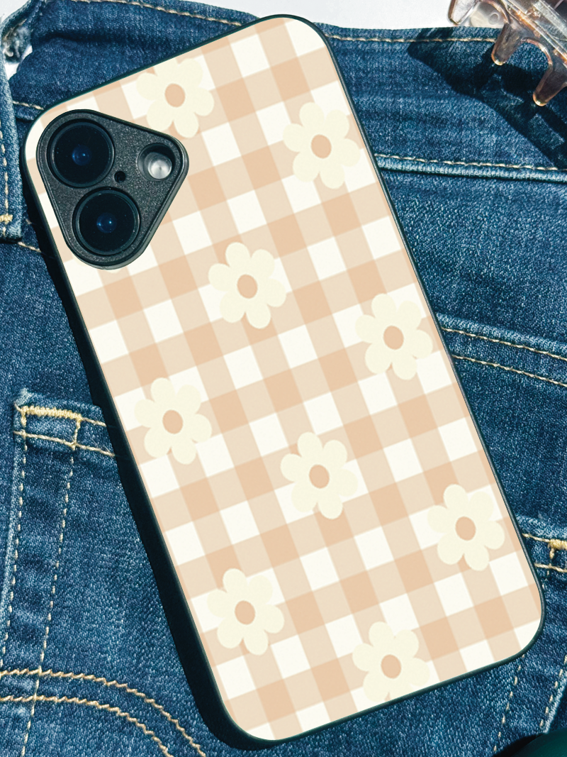Nude Floral Checks Premium Glass Back Cover For iPhone 11,12,13,14,15,16,17 Models The Case & Co