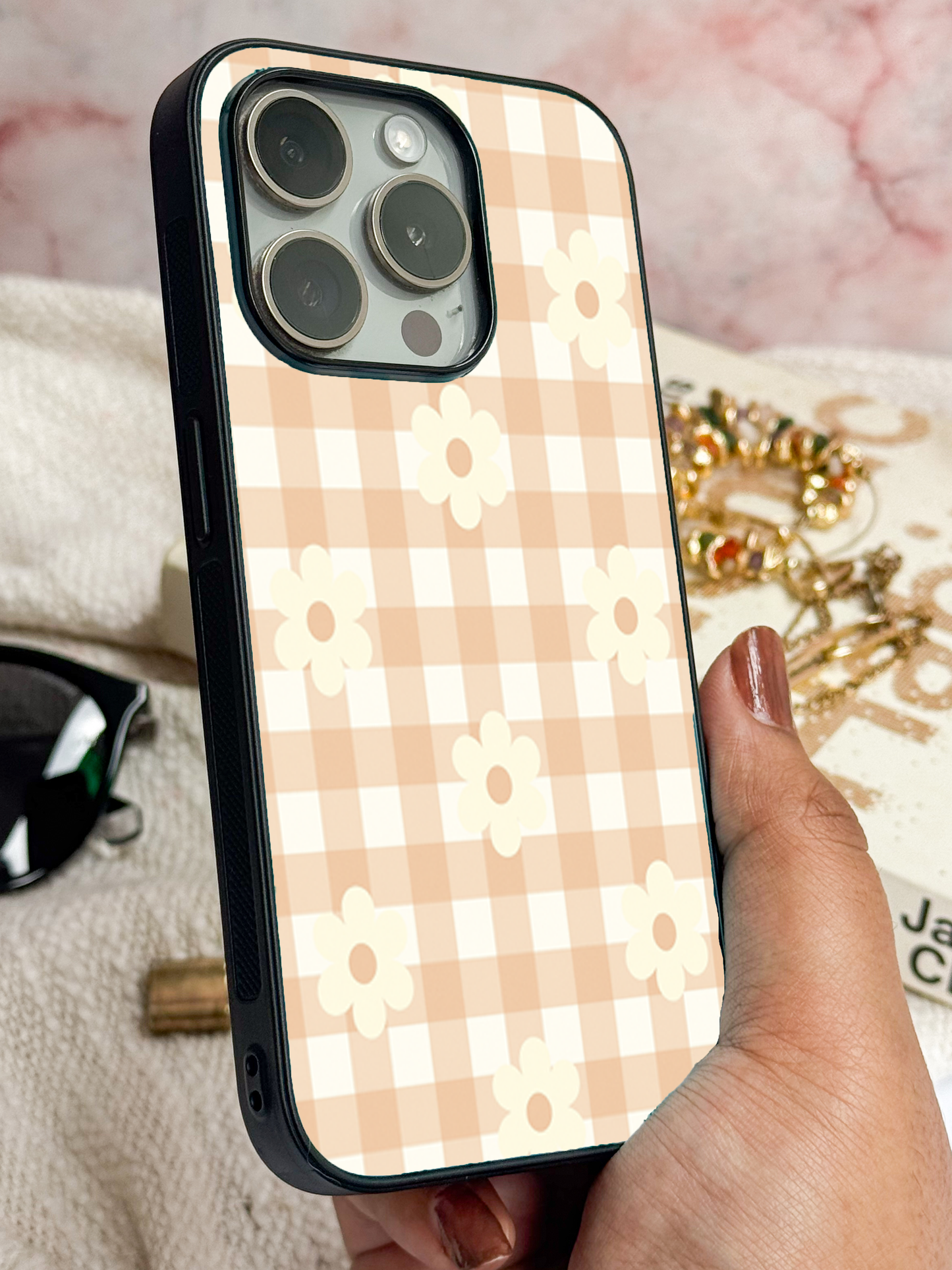 Nude Floral Checks Premium Glass Back Cover For iPhone 11,12,13,14,15,16,17 Models The Case & Co