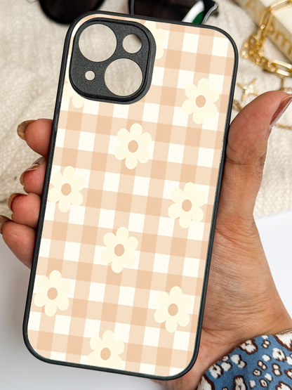 Nude Floral Checks Premium Glass Back Cover For iPhone 11,12,13,14,15,16,17 Models The Case & Co