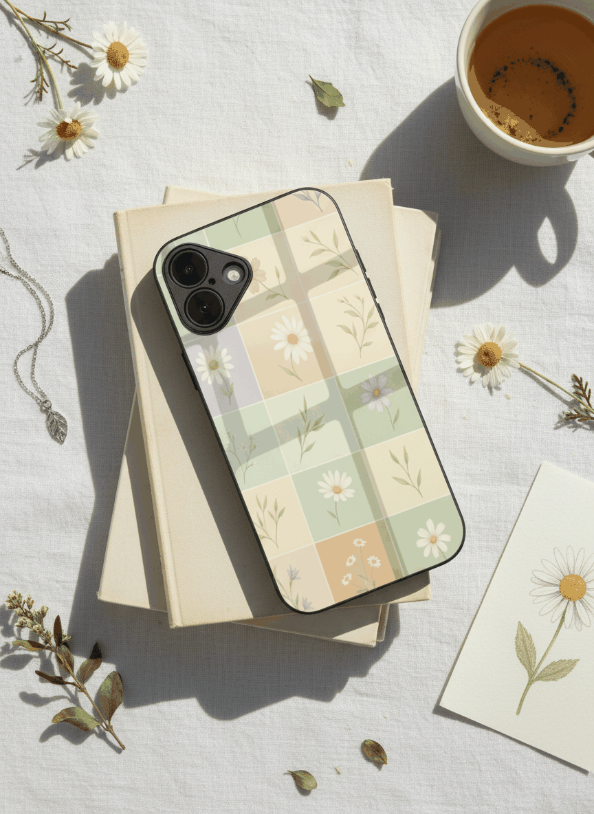 Sage Grid Pattern Premium Glass Back Cover For iPhone 11,12,13,14,15,16,17 Models The Case & Co