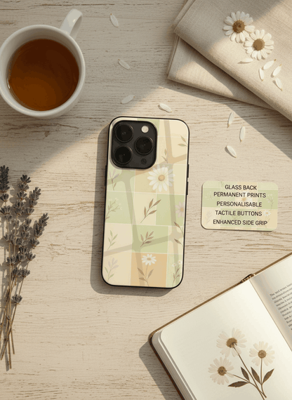 Sage Grid Pattern Premium Glass Back Cover For iPhone 11,12,13,14,15,16,17 Models The Case & Co