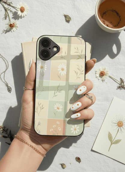Sage Grid Pattern Premium Glass Back Cover For iPhone 11,12,13,14,15,16,17 Models The Case & Co